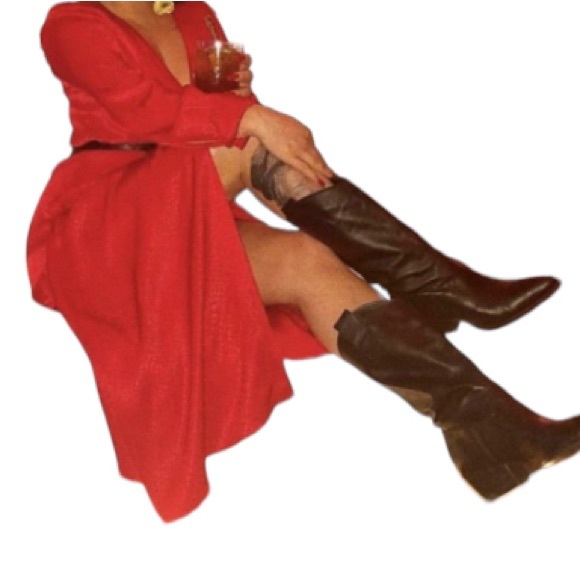 Long sleeve Red Satiny Snake Print V neck Midi Dress. - Picture 3 of 8